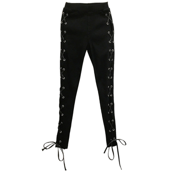 Стилни дамски панталони в черен цвят с кръстосани връзки по дължината