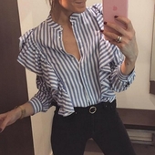 Дамска раирана риза с О-образно закопчаване около врата и воали