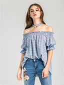 Стилна дамска риза на каре с паднали рамене в 3/4 ръкав и в свободен стил