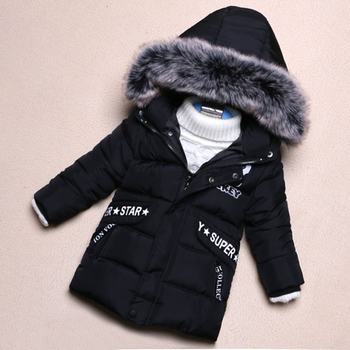 Ζεστό παιδικό μπουφάν για το  χειμώνα - μακρύ, με επιγραφές και κουκούλα