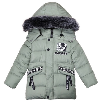 Топло зимно детско яке - дълго, с надписи и качулка с пух