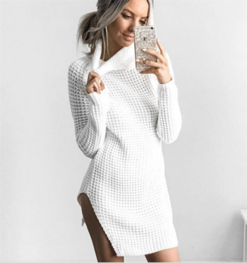 Елегантен и много топъл дамски дълъг пуловер с полувисока яка