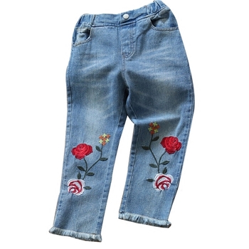 Модерни дънки за момичета - ластични и с флорална бродерия