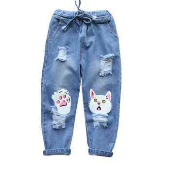 Κομψά παιδικά τζιν για κορίτσια - σχισμένα με ελαστική μέση και εφαρμογή της γάτας