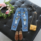 Casual παιδικά τζιν για κορίτσια με ελαστική μέση και κεντήματα