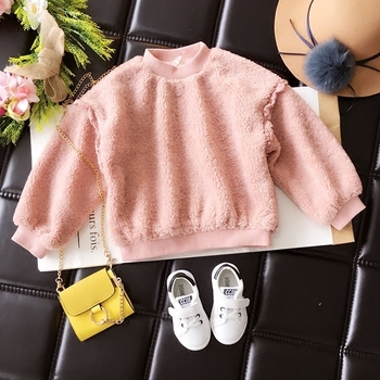 Стилен плюшен детски пуловер за момичета в три цвята