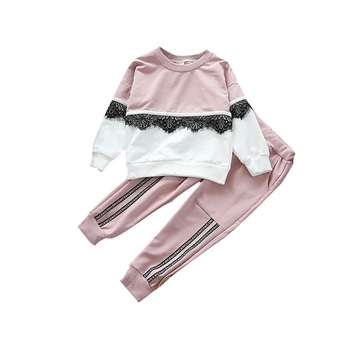 Спортно-елегантен детски комплект за момичета - блуза с дантела + панталон, в два цвяат