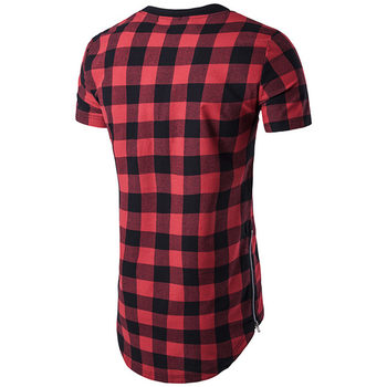 Стилна мъжка тениска с асиметрична дължина на каре в червен цвят