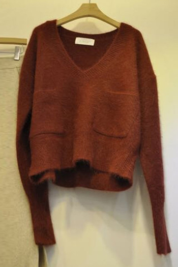 Дамски ежедневен пуловер с джобове и V-образно деколте