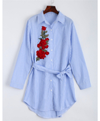 Γυναικείο μακρύ ριγέ πουκάμισο με  floral κεντήματα