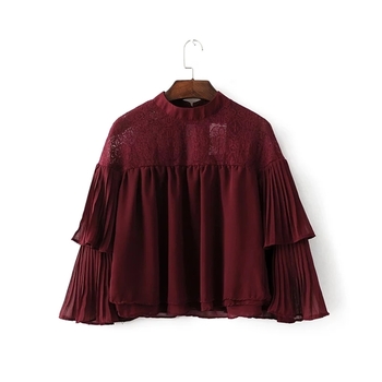 Стилна дамска блуза с воали и дантела в три цвята
