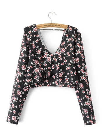 Стилна дамска къса блуза с флорален десен и V-образно деколте