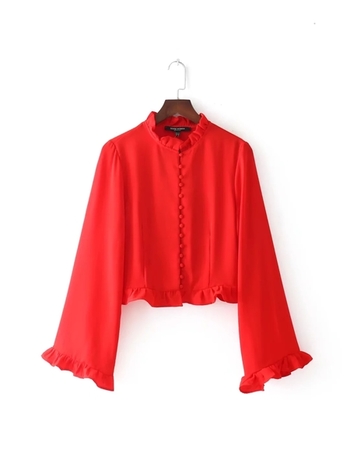 Ефирна риза за дамите с широки ръкави в червен цвят