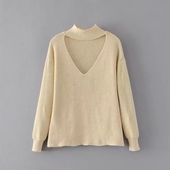 Γυναικείο πλεκτό πουλόβερ με V-λαιμό και κολάρο