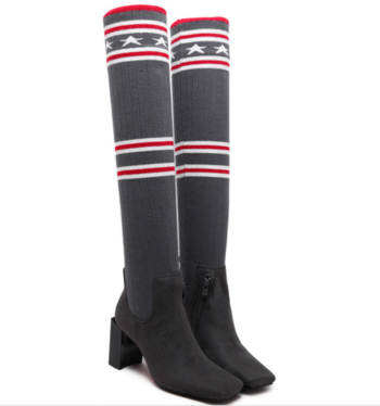 Много стилни и актуални за сезона дамски обувки с видок дебел ток, цип и дълги чорапи