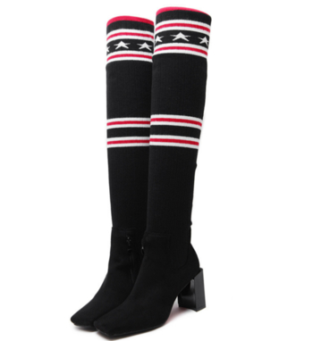 Много стилни и актуални за сезона дамски обувки с видок дебел ток, цип и дълги чорапи