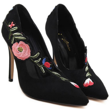 Официални дамски обувки на висок ток с красива шарена флорална бродерия