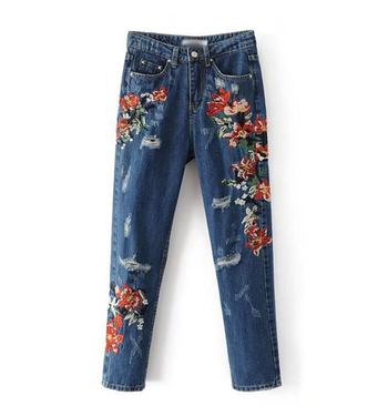 Ежедневни актуални дамски дънкови панталони с шарена флорална бродерия,висока талия и разръфани мотиви