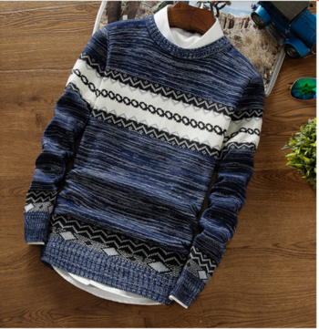 Ежедневен мъжки пуловер с ретро десени и О-образна яка 