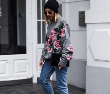 Μακρύ γυναικείο πουλόβερ με κολάρο σε σχήμα O για κυρίες + υπέροχο φυτικό κέντημα