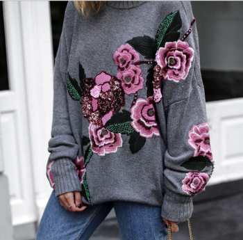 Μακρύ γυναικείο πουλόβερ με κολάρο σε σχήμα O για κυρίες + υπέροχο φυτικό κέντημα
