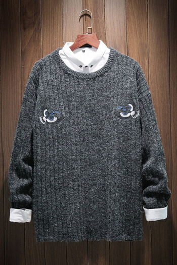 Мъжки пуловер с мека вълна и О-образна яка в сив и тъмносив цвят