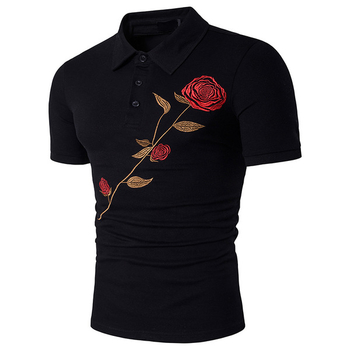 Мъжка риза с поло яка в спортно-елегантен стил + красива бродирана роза 