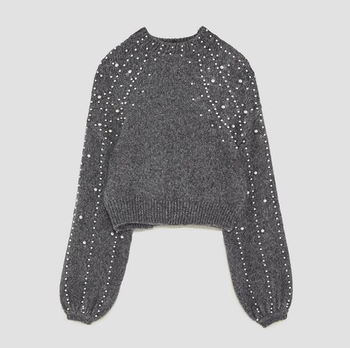 Ежедневен късичък пуловер за дамите с О-образна яка,дълъг ръкав и лъскави перли