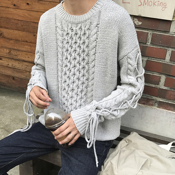 Интересен мъжки пуловер от плетиво с връзки по ръкавите в три цвята