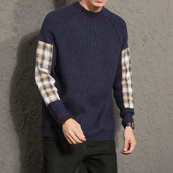 Мъжки стилен пуловер с О-образна яка и шарени кръпки на ръкавите,3 модела