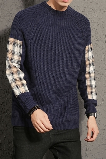 Κομψό πουλόβερ για άνδρες με κολάρο σε σχήμα O και διακοσμητικά σχέδια στα μανίκια, 3 σχέδια