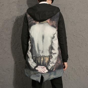 Мъжко зимно дълго яке с качулка,тип парка + цветен принт на гърба