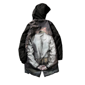 Мъжко зимно дълго яке с качулка,тип парка + цветен принт на гърба
