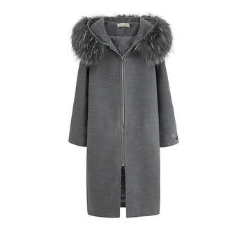 Бохемско вълнено дамско палто с обемен пух и цип в сив цвят