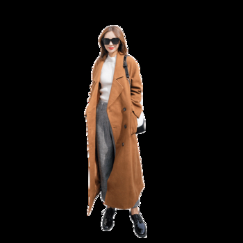 Дълго елегантно дамско палто с копчета в кафяв цвят